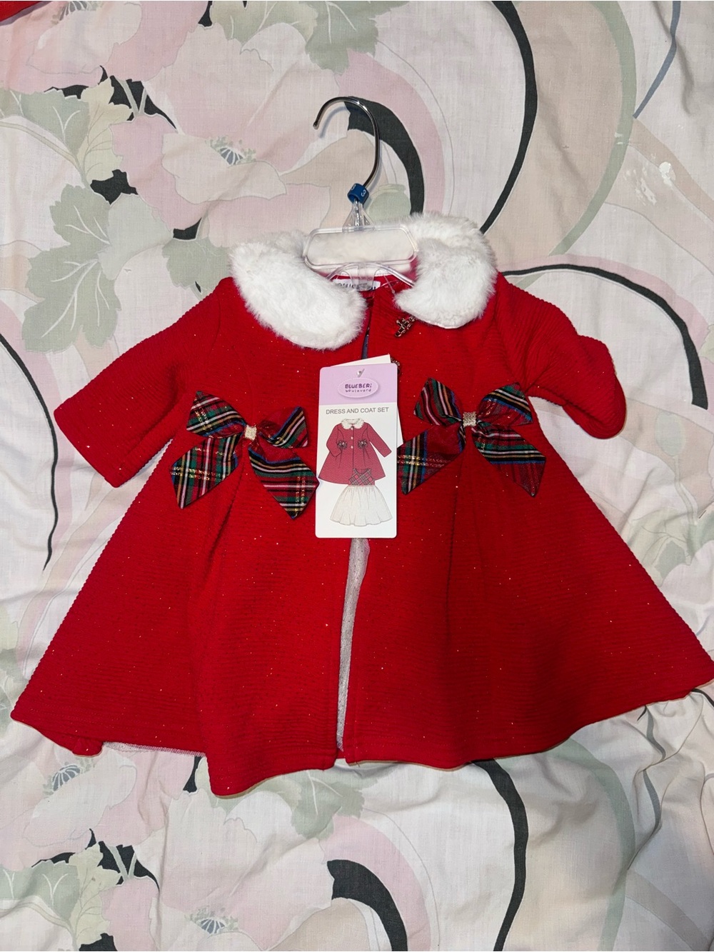 Blueberi Boulevard Red Girls' Dress Coat with Faux Fur Collar and Plaid Bows